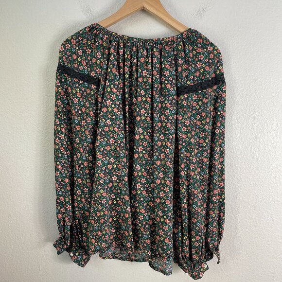 Old Navy Womens Large Floral Boho Blouse Black Multicolor Lace Trim Long Sleeves - Picture 10 of 10